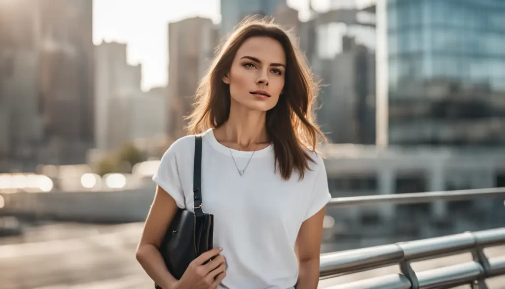 Mulher elegante em camiseta branca e jeans azuis claros, segurando uma bolsa preta em cenário urbano moderno.