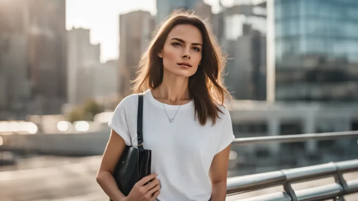 Mulher elegante em camiseta branca e jeans azuis claros, segurando uma bolsa preta em cenário urbano moderno.