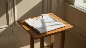 Camiseta branca dobrada sobre mesa de carvalho em ambiente minimalista com luz suave.