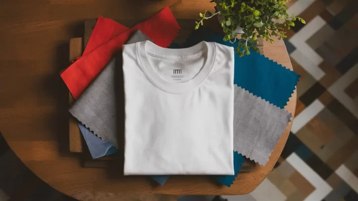 Camiseta branca dobrada em uma mesa de madeira com amostras de tecido vermelho, azul e cinza, e planta verde.