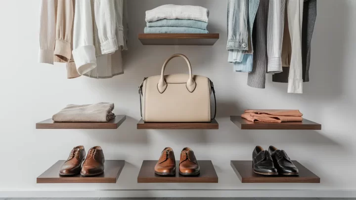 Closet minimalista com roupas dobradas, bolsa bege e sapatos pretos em prateleiras flutuantes.