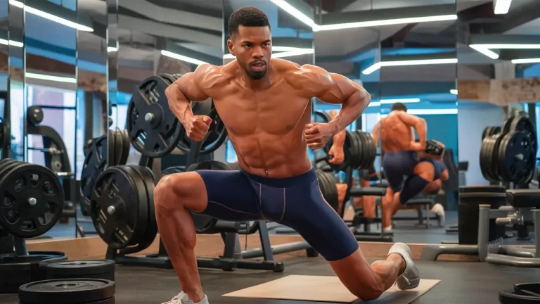 Homem atlético em academia moderna vestindo cueca boxer longa azul-marinho em treino intenso, rodeado por equipamentos de ginástica.