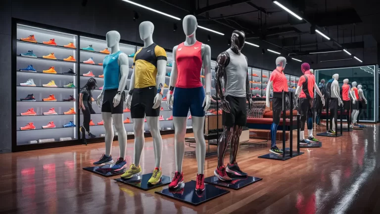 Loja de roupas esportivas com manequins modernos e roupas vibrantes, prateleiras iluminadas e sapatos coloridos.