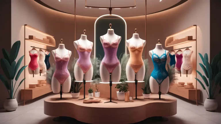 Lingerie boutique with mannequins wearing colorful silk and lace intimate apparel, with plants and wooden shelves.