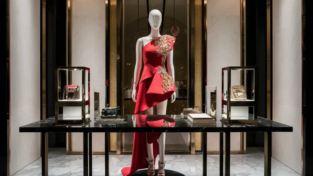 Vitrine com manequim vestindo vestido vermelho assimétrico com bordado dourado, mesa de mármore preto com acessórios elegantes.