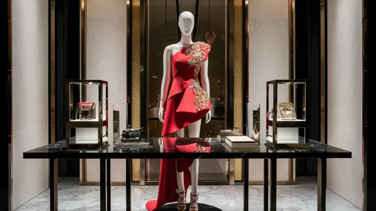 Vitrine com manequim vestindo vestido vermelho assimétrico com bordado dourado, mesa de mármore preto com acessórios elegantes.