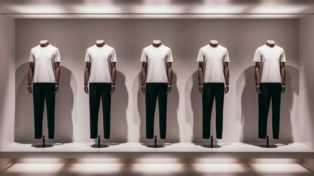 Exposição de moda minimalista com cinco manequins vestindo camisetas brancas e calças pretas em fundo branco.