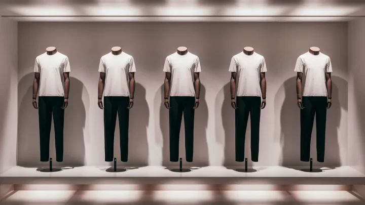 Exposição de moda minimalista com cinco manequins vestindo camisetas brancas e calças pretas em fundo branco.