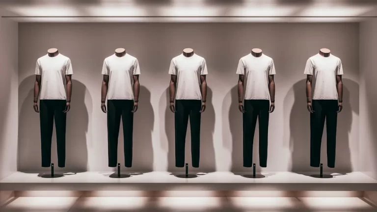 Exposição de moda minimalista com cinco manequins vestindo camisetas brancas e calças pretas em fundo branco.